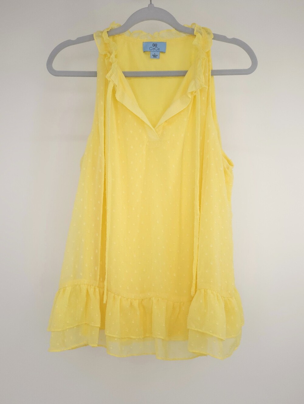 CeCe Yellow Sleeveless Blouse Cottagecore Ruffle Tiered Clip Dot | Size Large